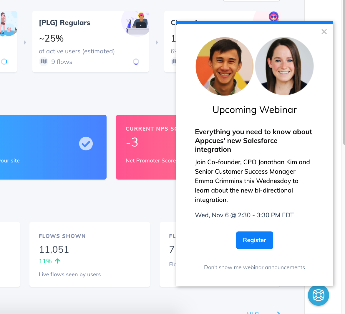 appcues webinar slideout announcement made with appcues