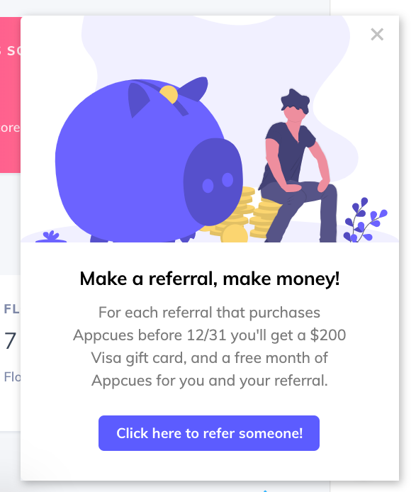 customer referral in-app campaign made with appcues