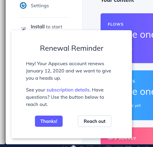 appcues slideout account renewal reminder 