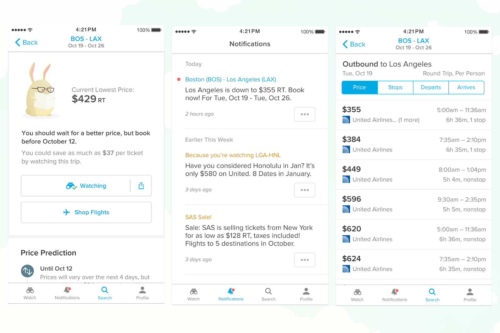 this is an image of 3 mobile screens from the hopper flight price tracking app. on the left are buy/wait recommendations based on the current price of a bos-lax flight. in the middle are in-app notifications from hopper in a notification center. on the right is a flight search for boston to los angeles flights.