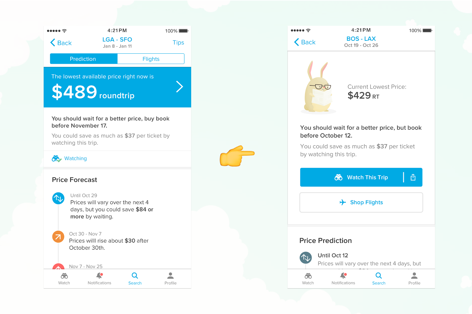 this is an image of Hopper's old interface and layout and it's new UI. The old mobile screen interface is on the left, the new one is on the right