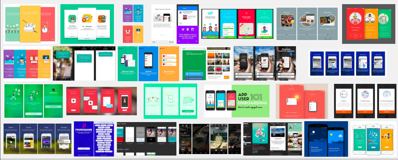This is an image of many user onboarding and app onboarding tutorials with first screen from mobile apps. This is a compilation of many mobile app tutorial screens.