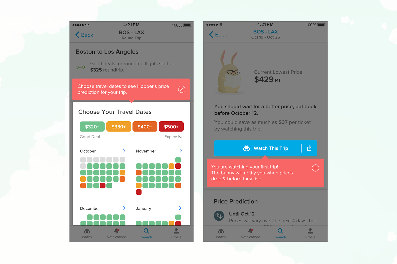 this is an example of mobile app tooltips from hopper. there are 2 screens side by side, showing how hopper app uses tooltips for user onboarding