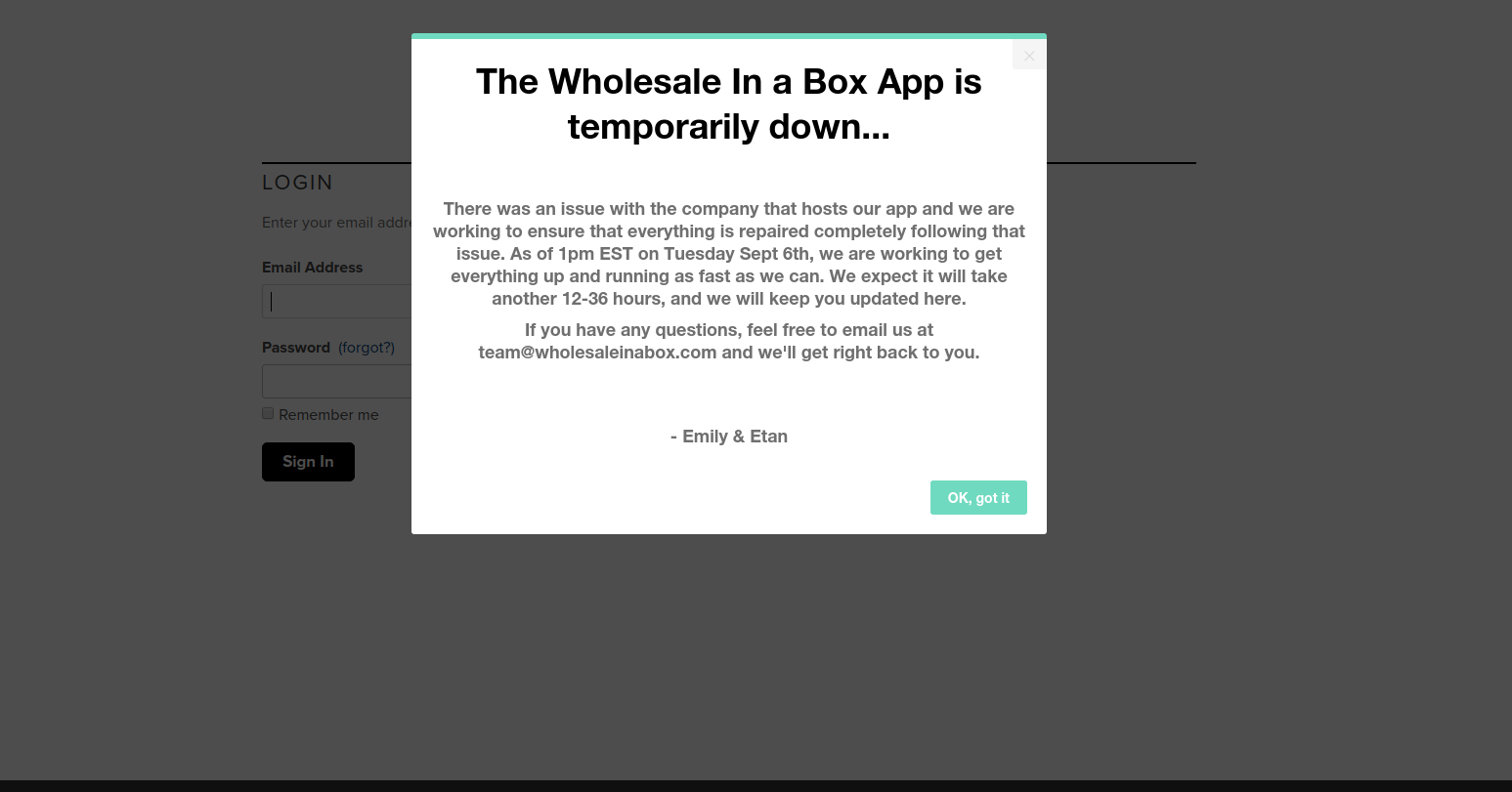 wholesale in a box maintanence modal window