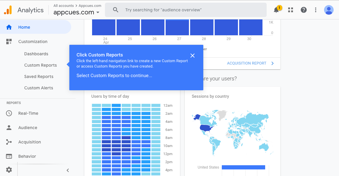 screen grab of google analytics dashboard with tooltip