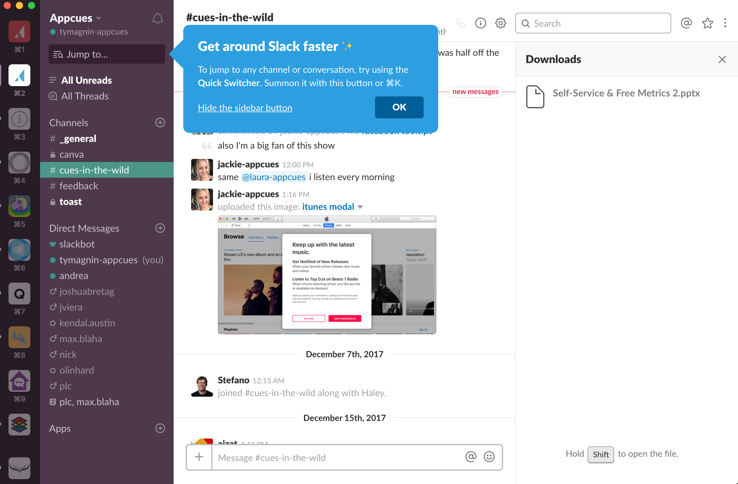 screen grab of slack app with tooltip