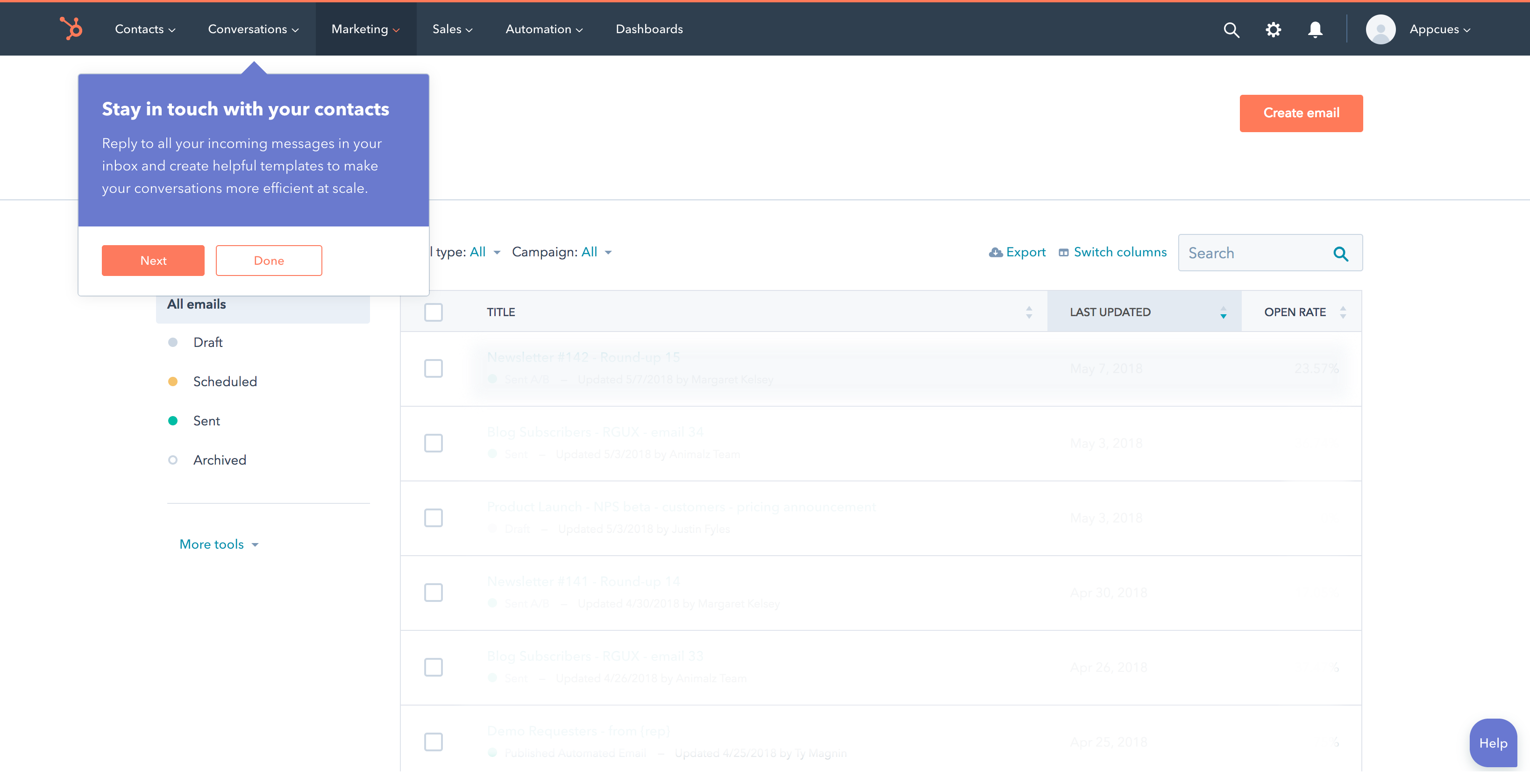 screen grab of hubspot dashboard with tooltip