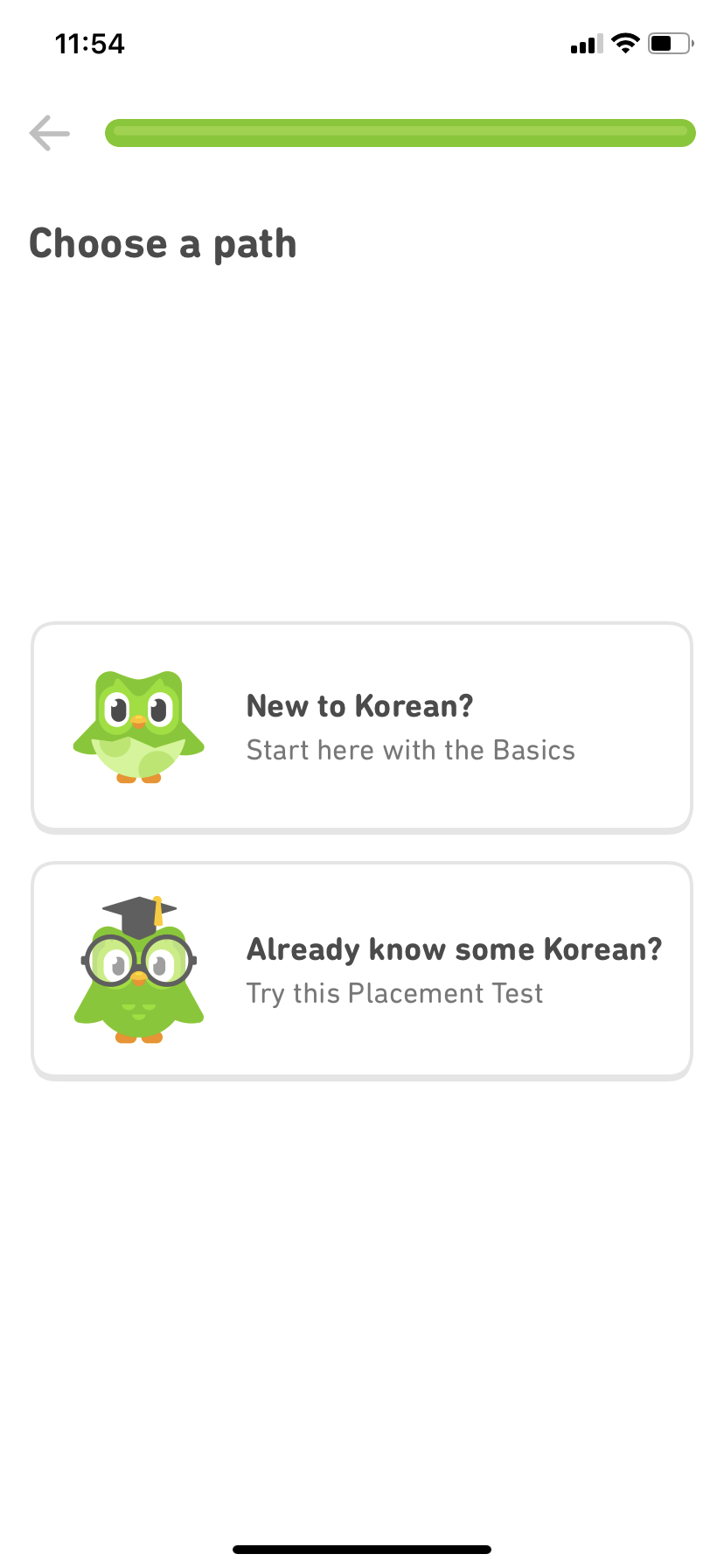 screenshot image of duolingo mobile app's user onboarding experience. this screen asks users to choose their language level. this is a great example of user onboarding for mobile