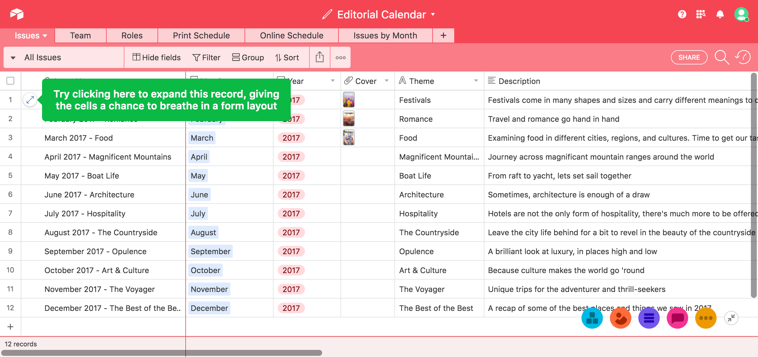 airtable tooltip feature prompt in sample editorial calendar spreadsheet