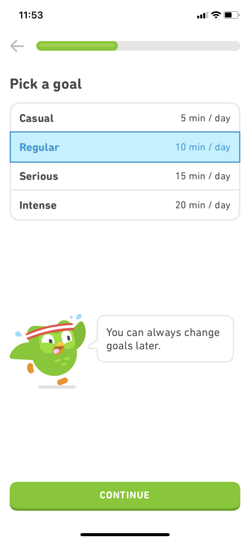 screenshot image of duolingo mobile app's user onboarding experience. this screen asks users to pick a goal. this is a great example of user onboarding for mobile