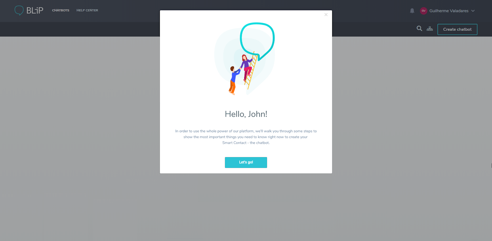 this image shows a welcome modal window made with appcues against a greyed out interface that says hello, john and includes a call to action button and ux copy