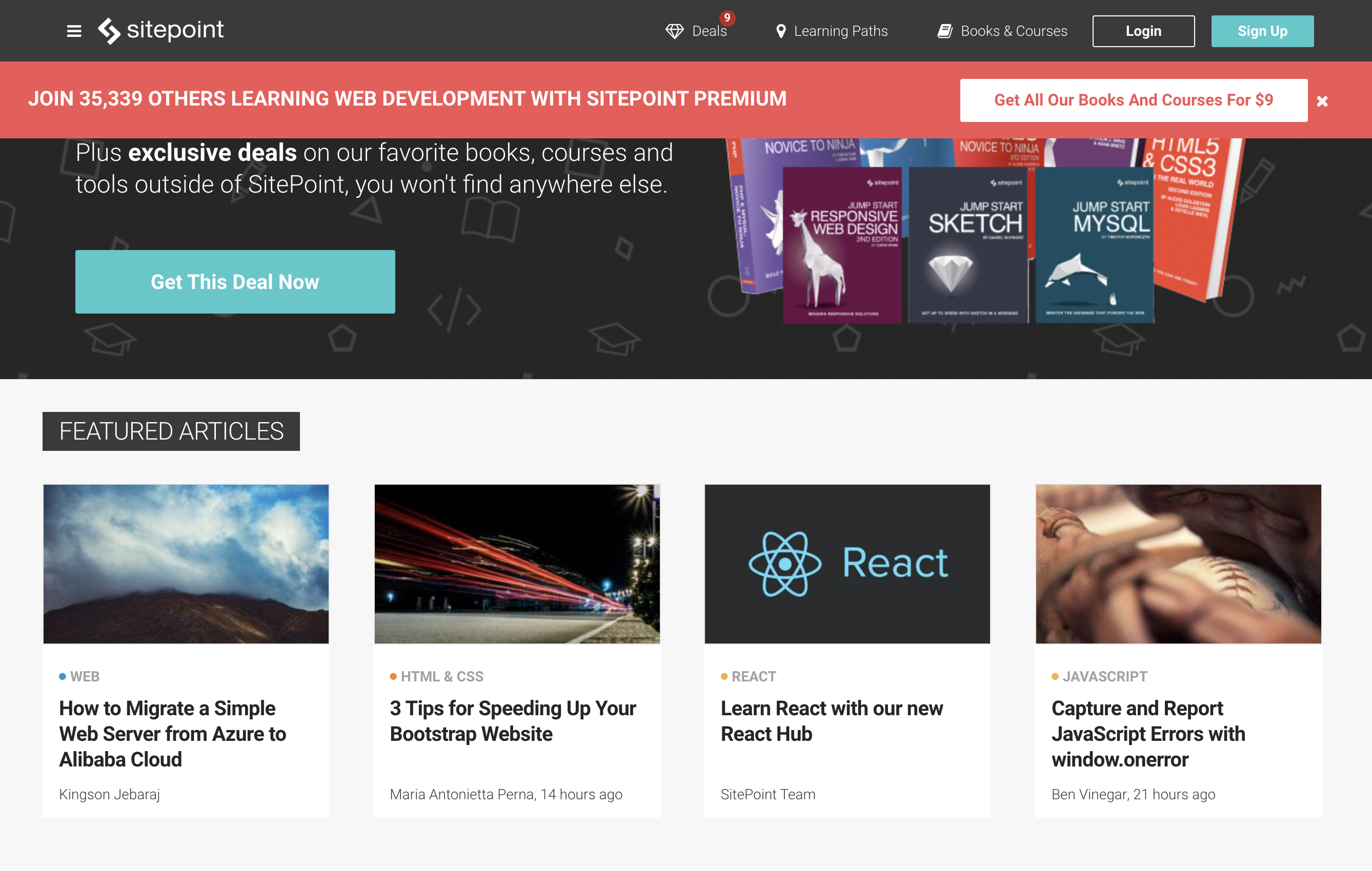 A screenshot of Sitepoint where you can find educational materials on web development.