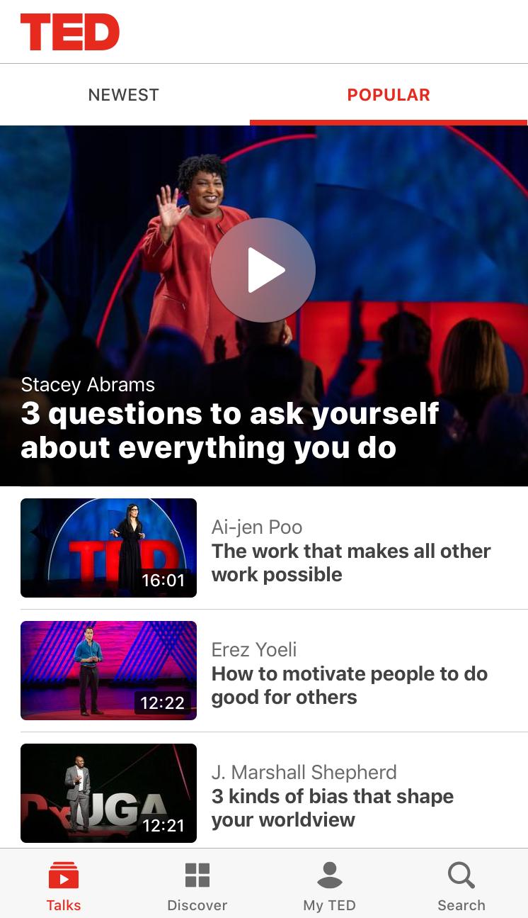 this is an image of the ted talk app. It shows that users can browse the app without regristration or login.