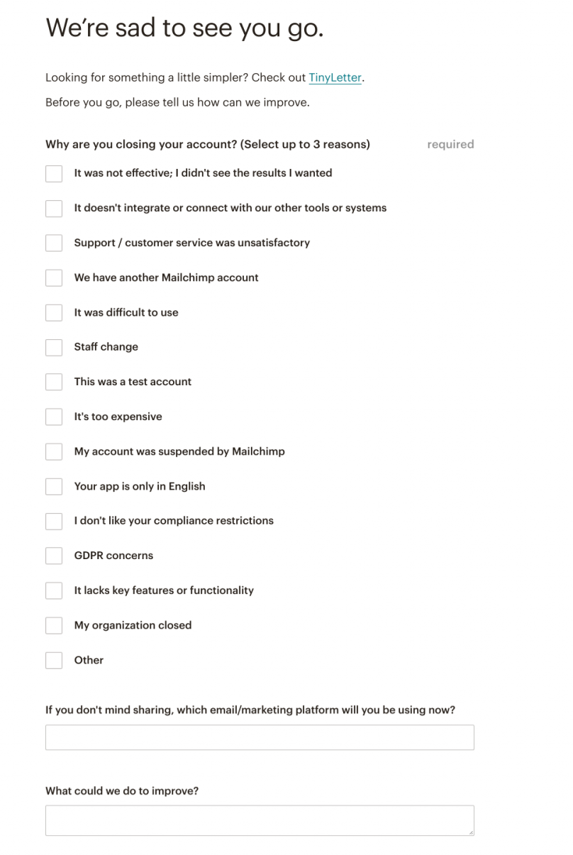 mailchimp user offboarding feedback form to understand user churn