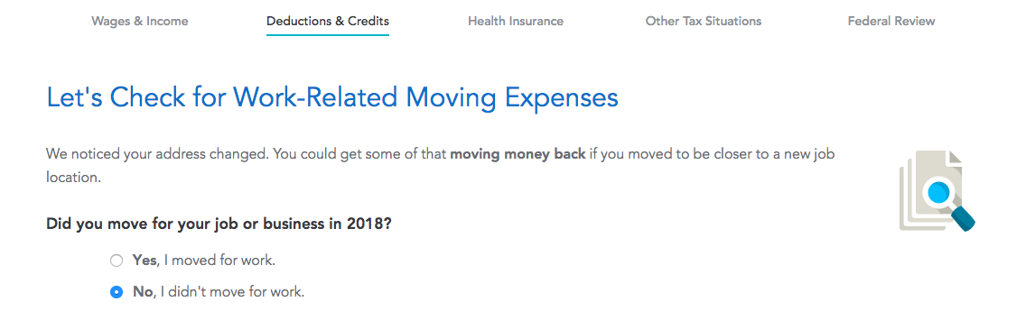 This is a screenshot of TurboTax tax return process. It shows an automatic detection of a possible tax deduction or credit. It says "let's check for work-related moving expensese"