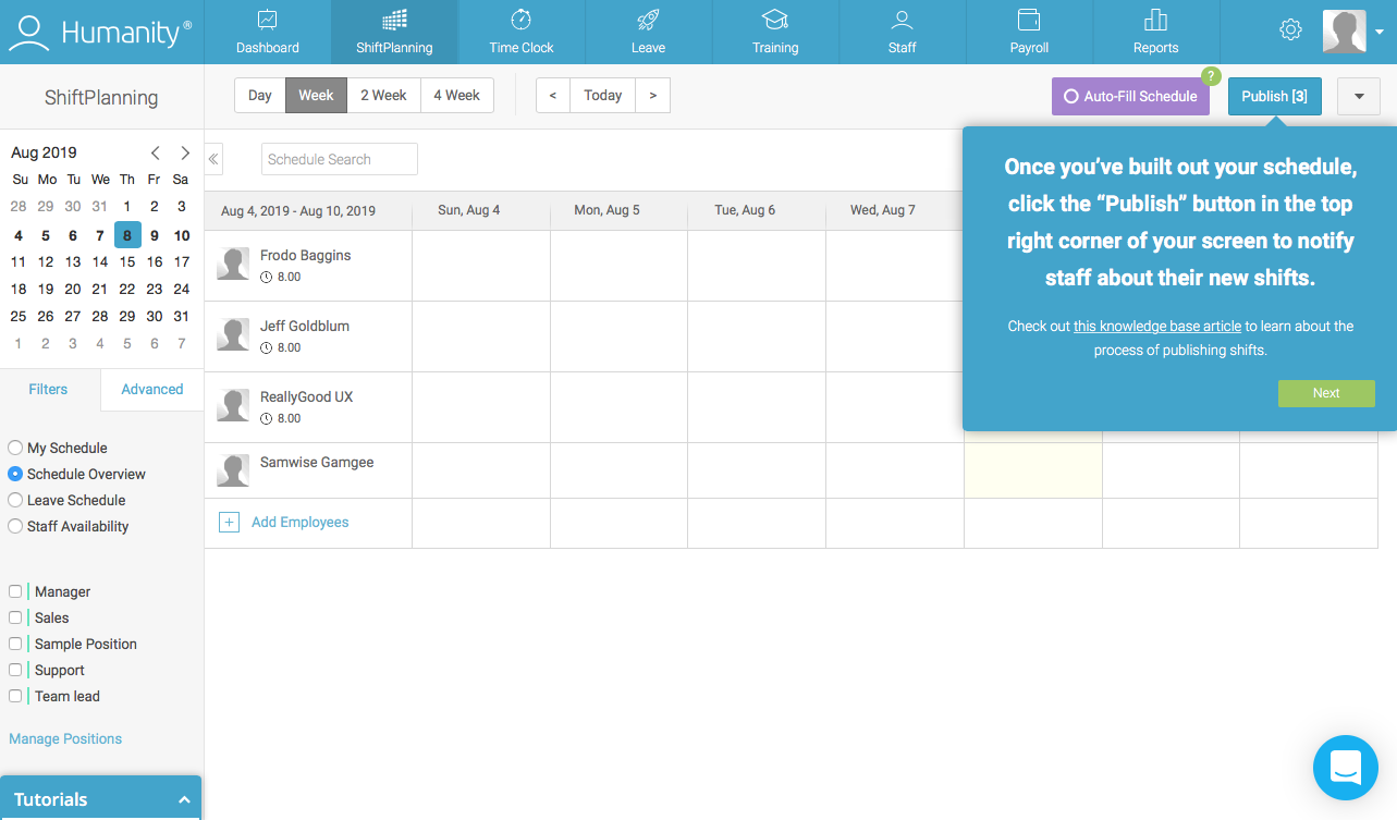 employee management platform dashboard walkthrough tooltip attached to publish button