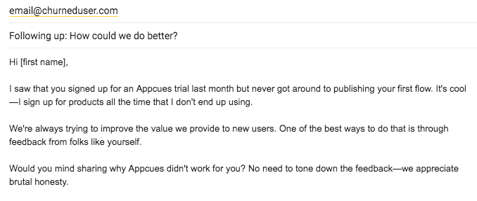 example email to a churned user asking for feedback about their product experience