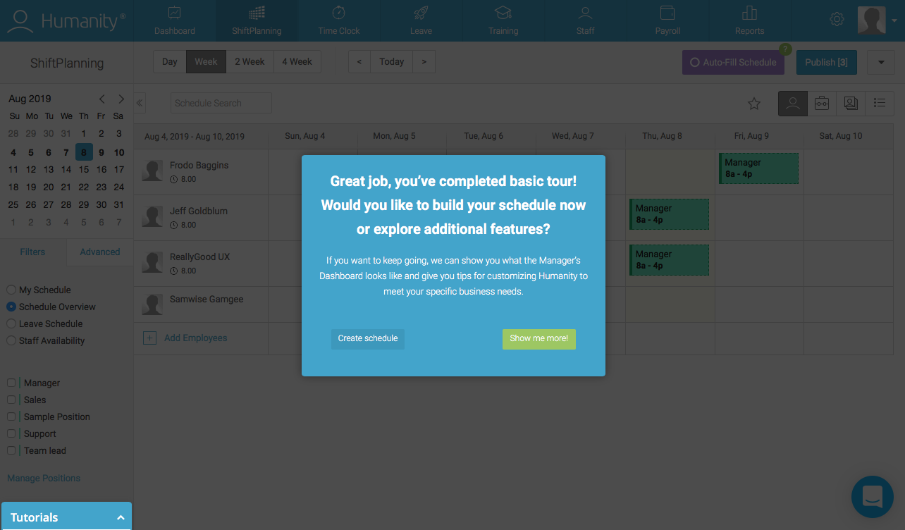 employee management platform dashboard walkthrough modal window that launches product tour