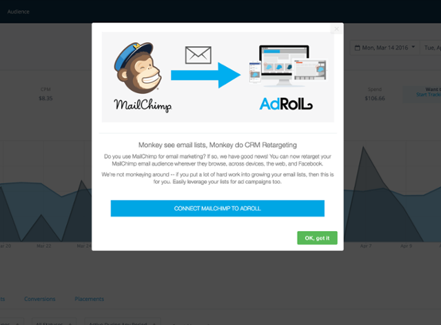 mailchimp adroll integration modal dialog announcement made with appcues