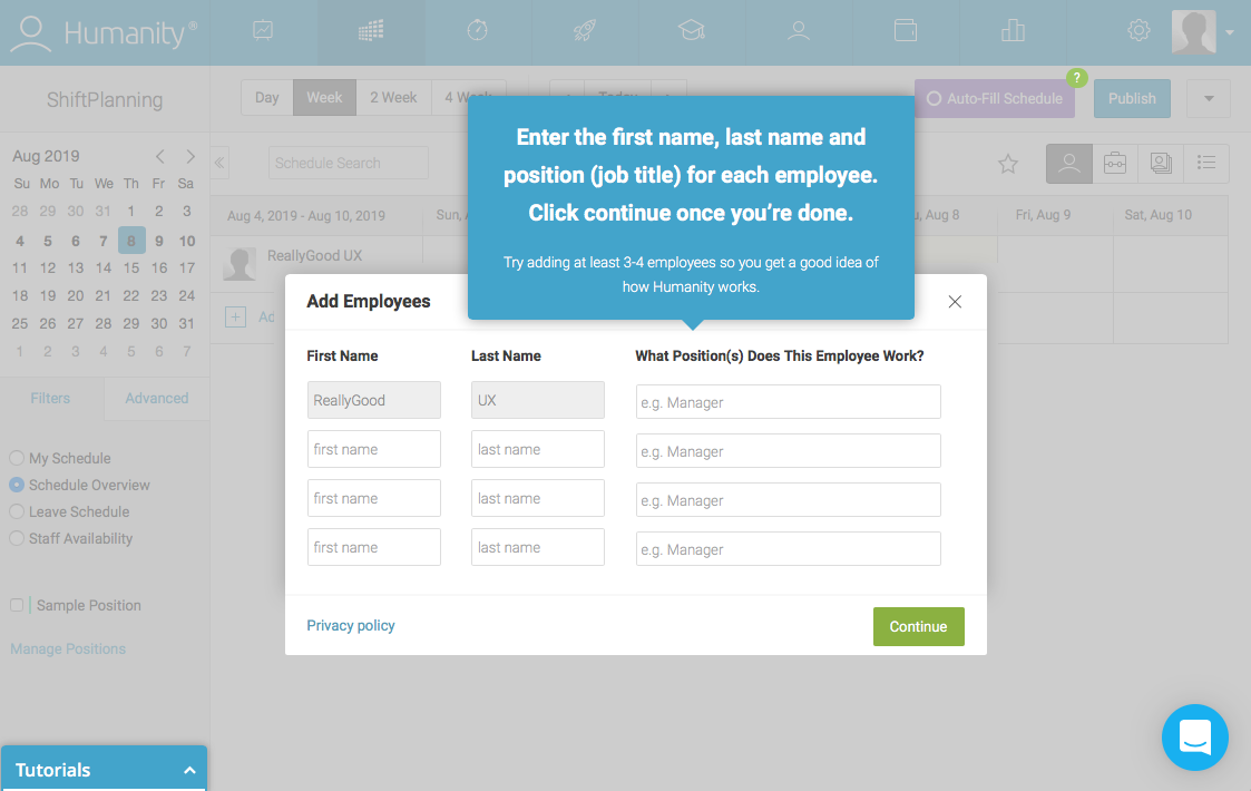 employee management platform dashboard walkthrough tooltip over modal