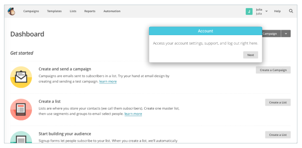 this is a screenshot of mailchimp's old branding and user onboarding flow. this shows mailchimp's old dashboard with in-app messaging