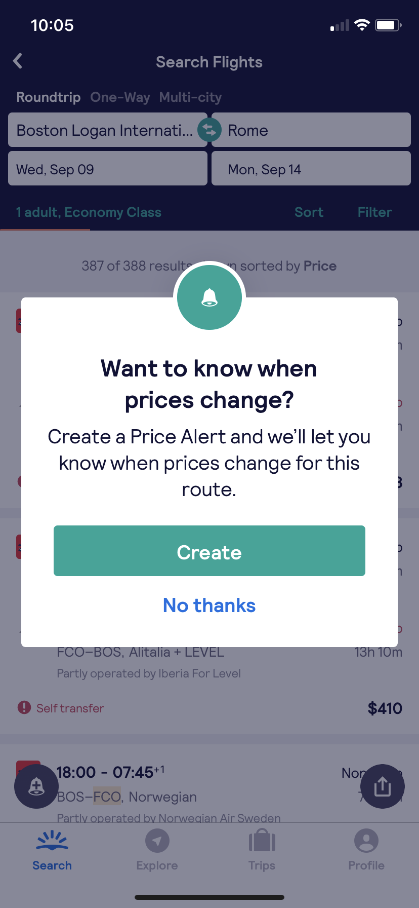 skyscanner flight search price alert push notification