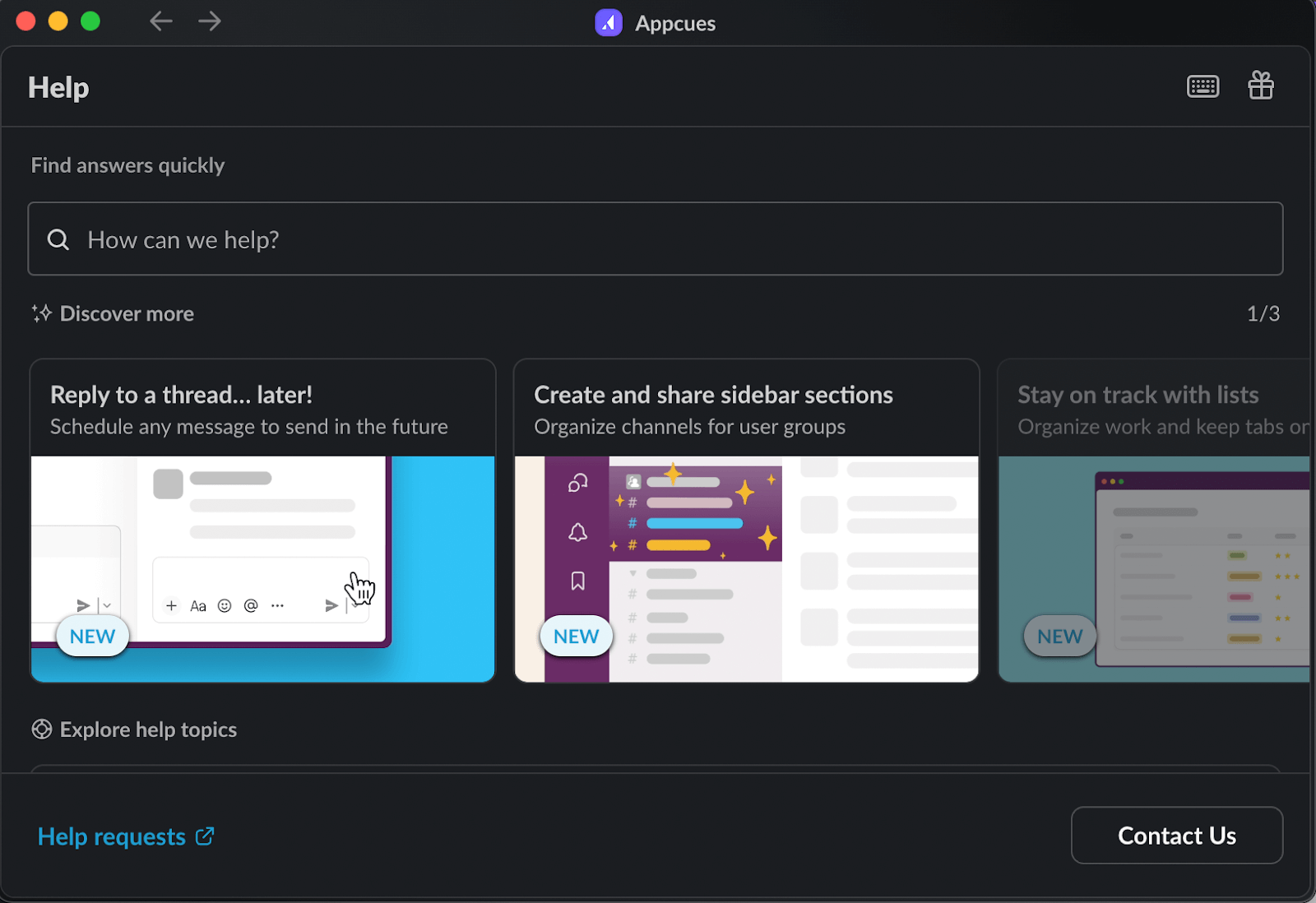 Slack in-app resource center example