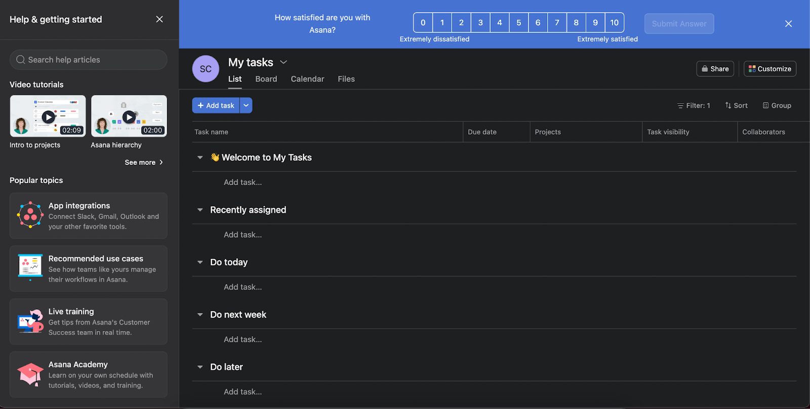 Asana in-app resource center example