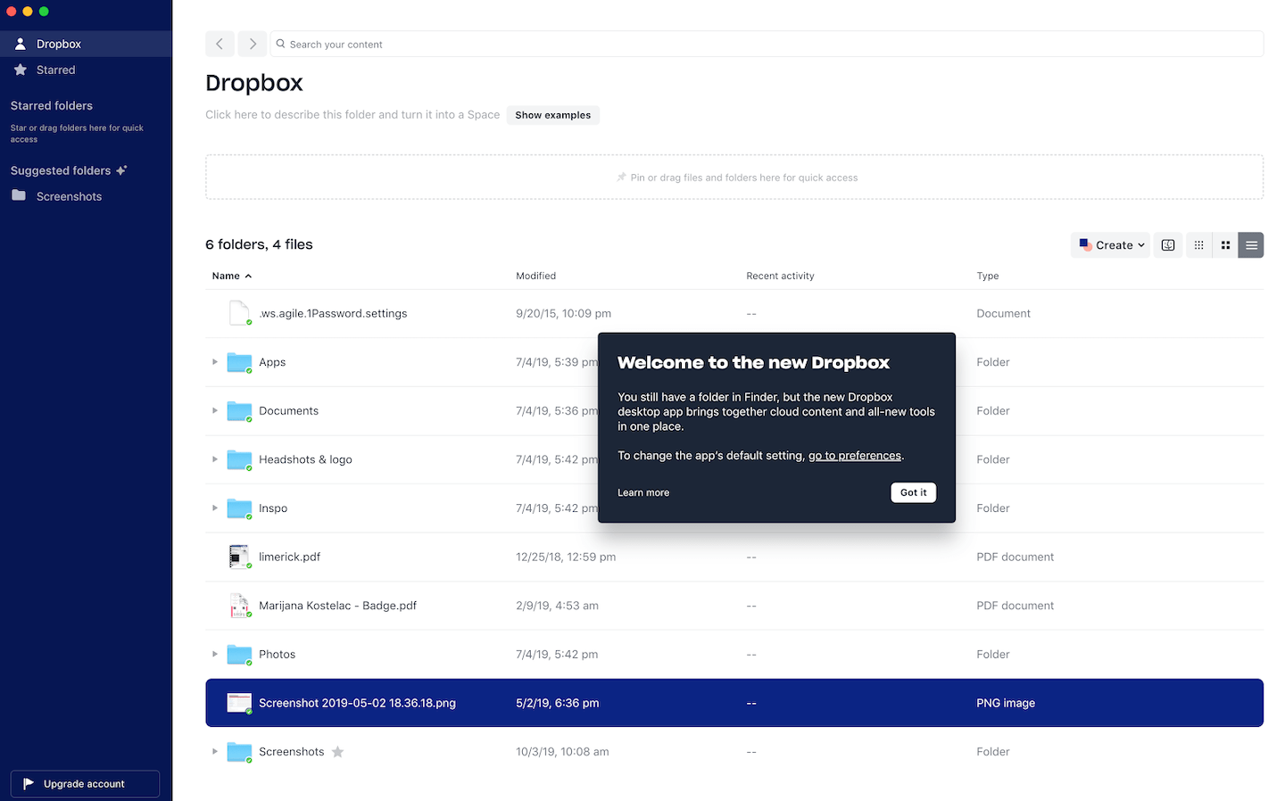 dropbox desktop app in-app welcome modal message