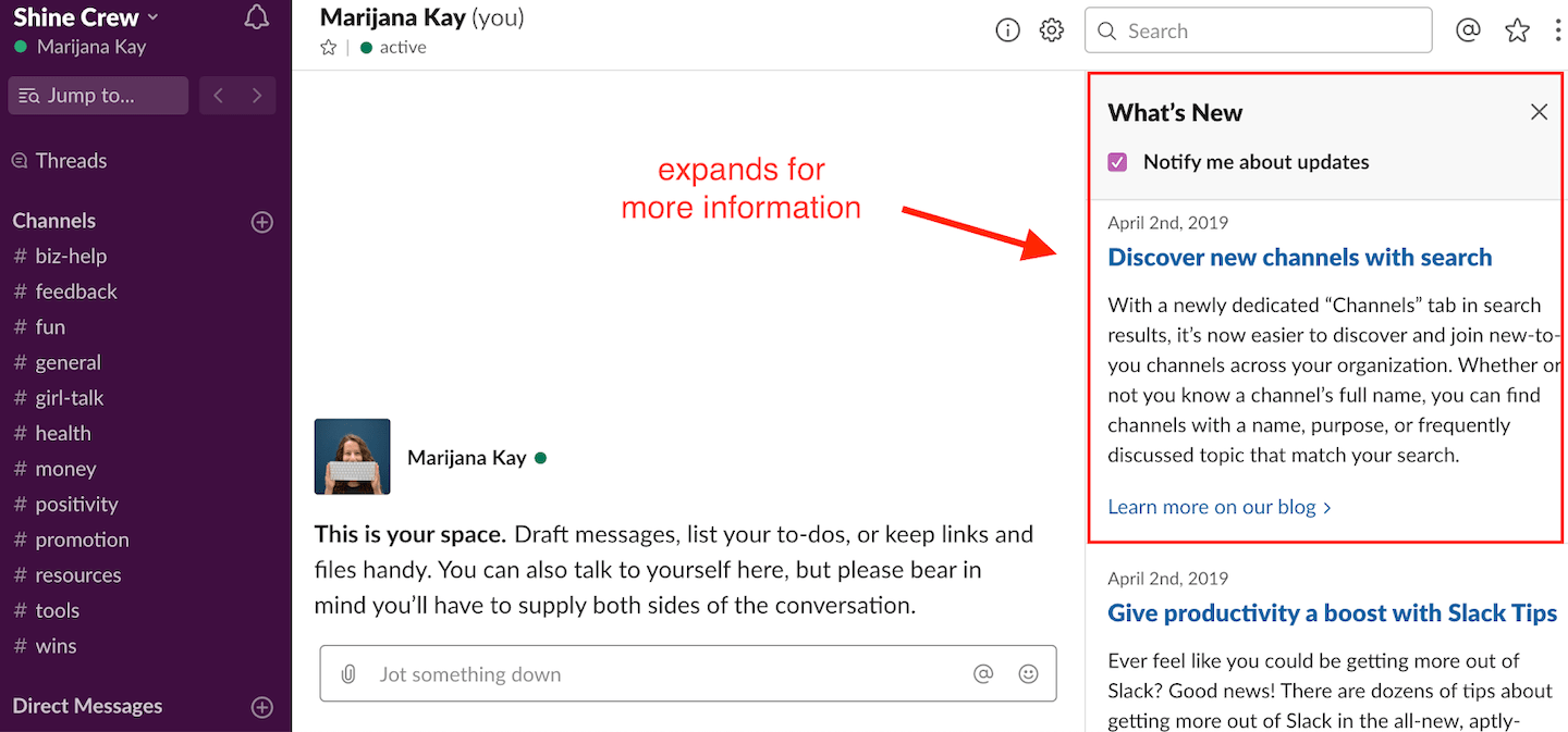 slack new feature gift icon in-app product update what's new