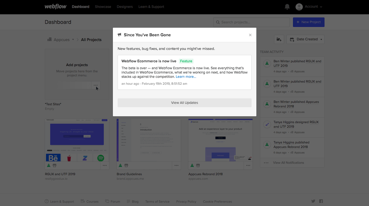webflow product update since you've been gone in-app notification
