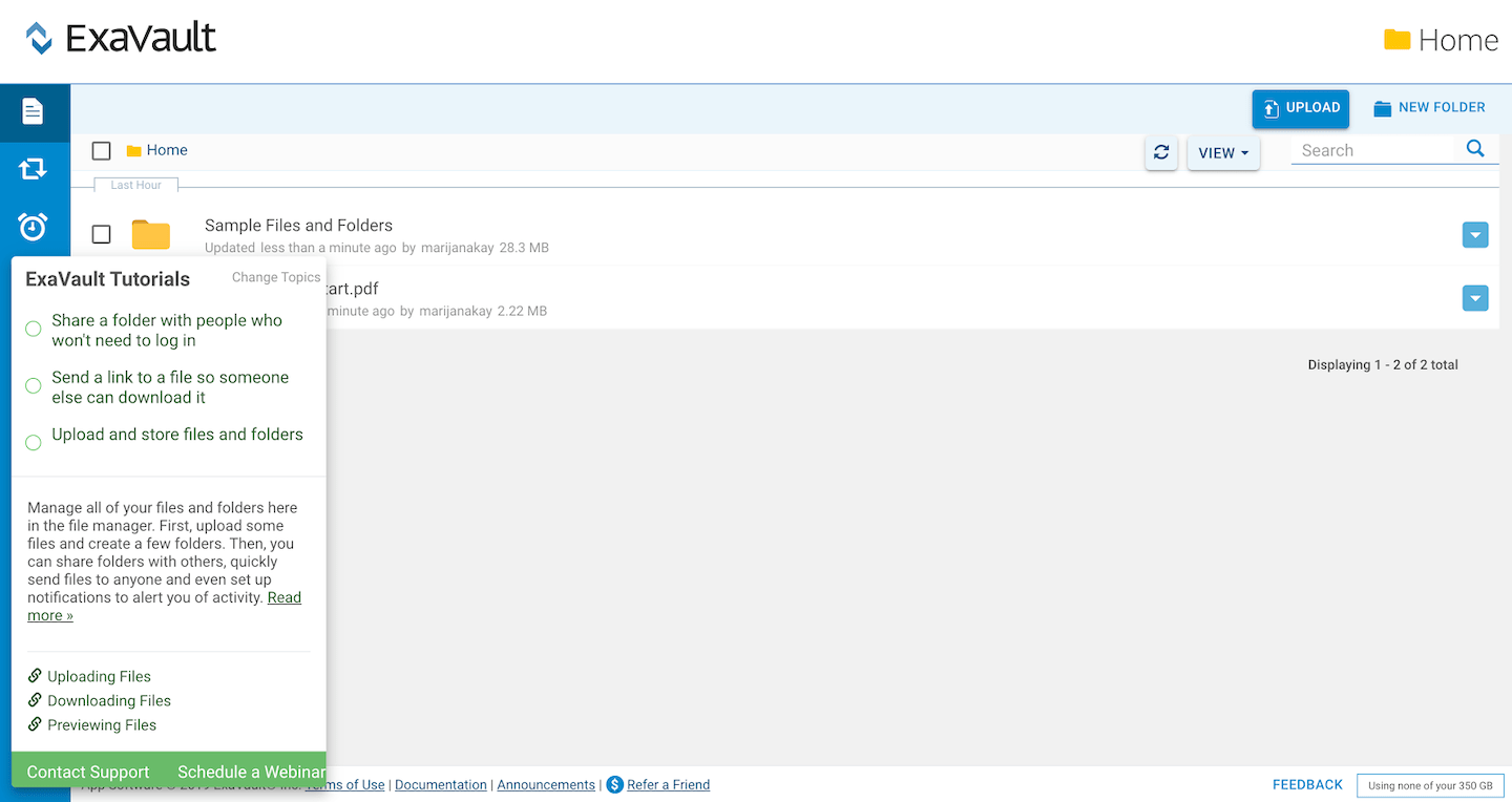 exavault in-app slideout with list of tutorials