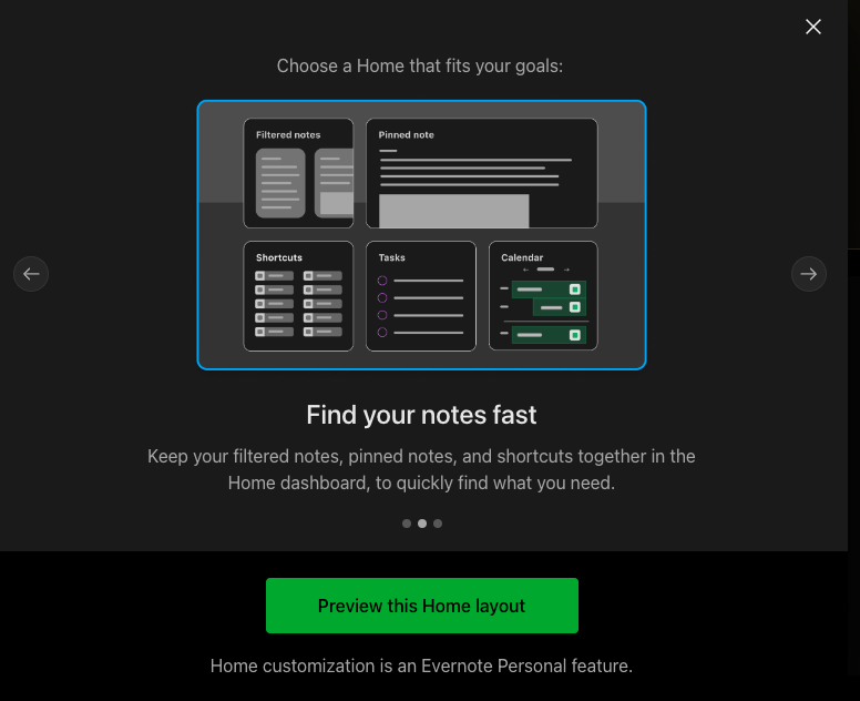 Screenshot of in-app Evernote product experience