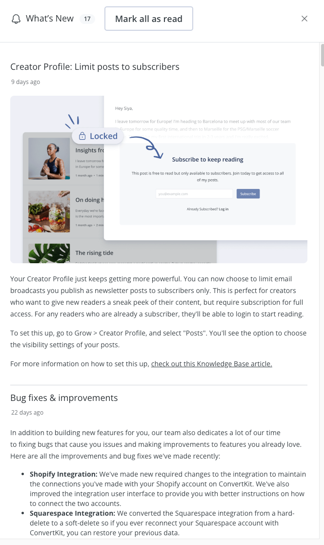 In-product experience of ConvertKit user updates
