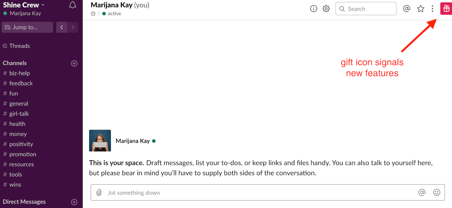 slack new feature gift icon in-app product update