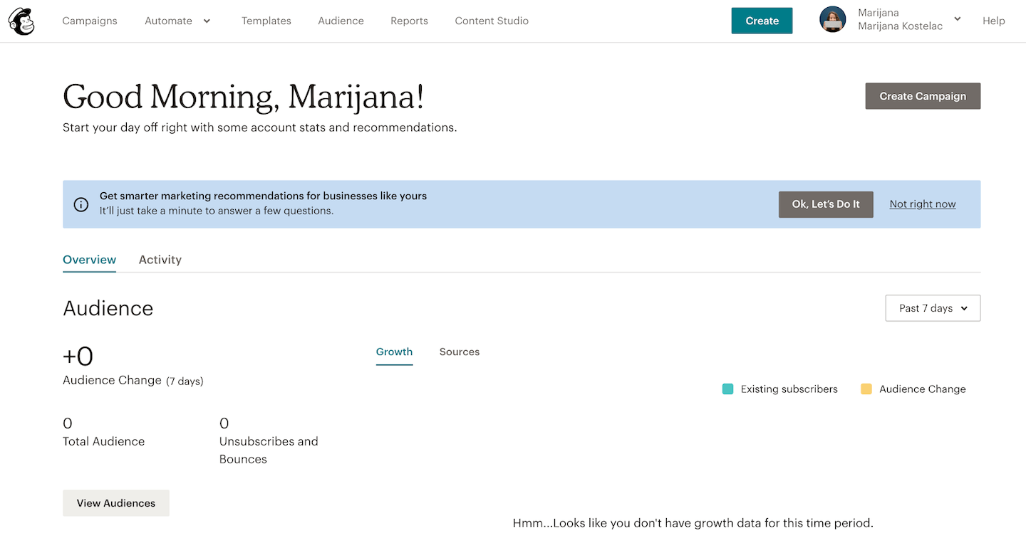 mailchimp personalized dashboard in-app message