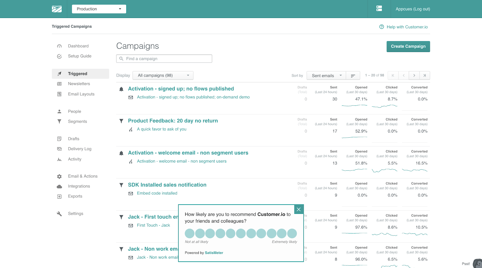 customer.io nps survey at bottom of screen