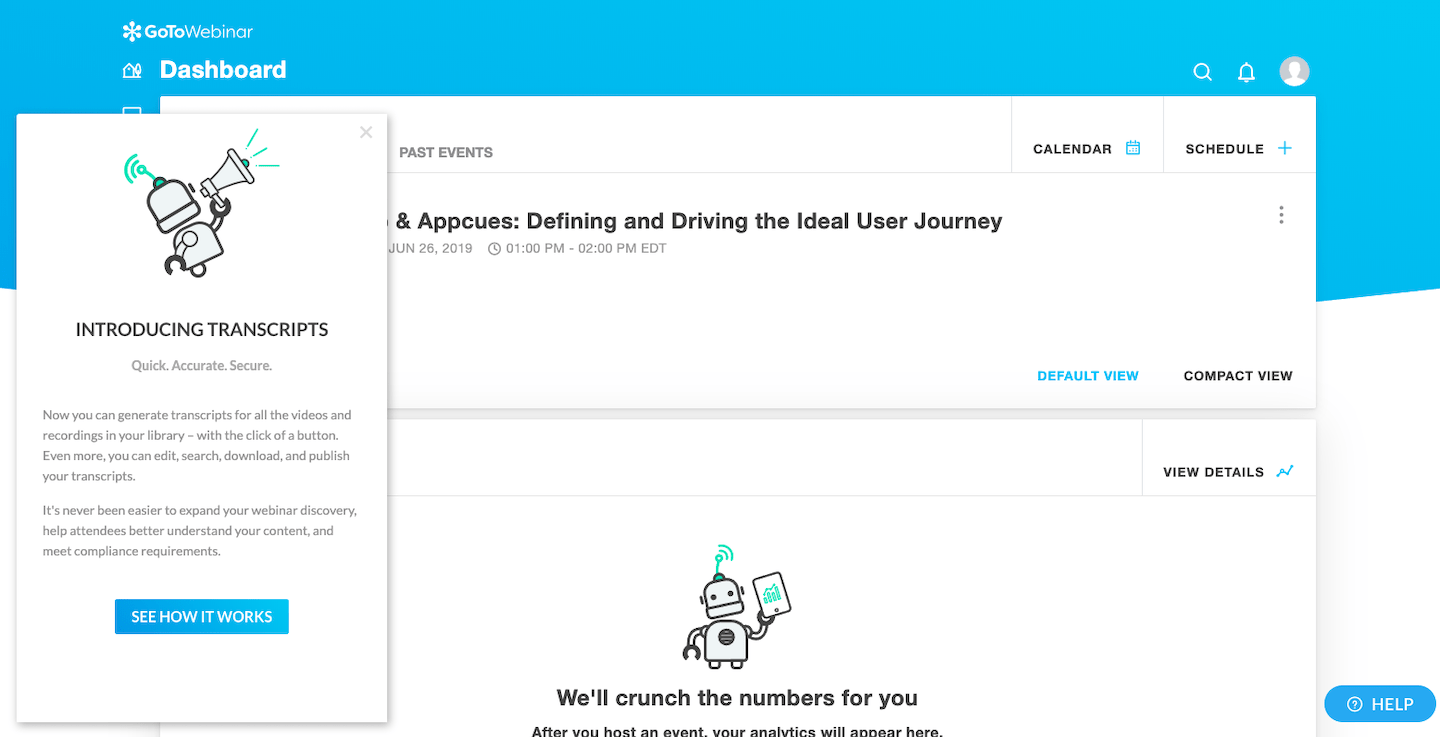 gotowebinar personalized in-app message new feature walkthrough made with appcues