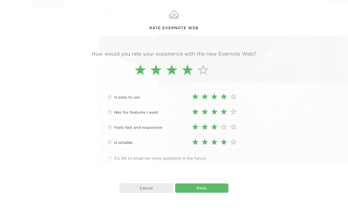 evernote web star rating feedback user survey. how would you rate your experience?