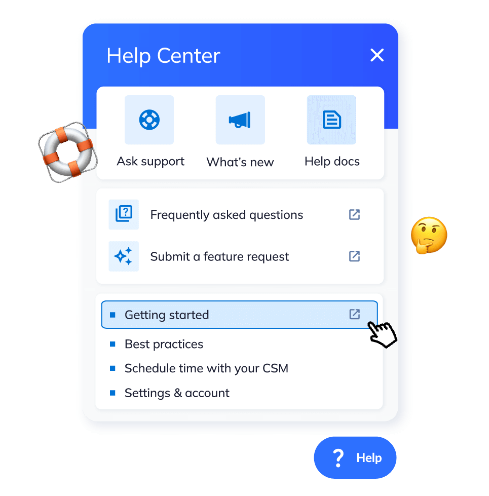 In-app resource center help center, adding support, FAQ's, and contact information