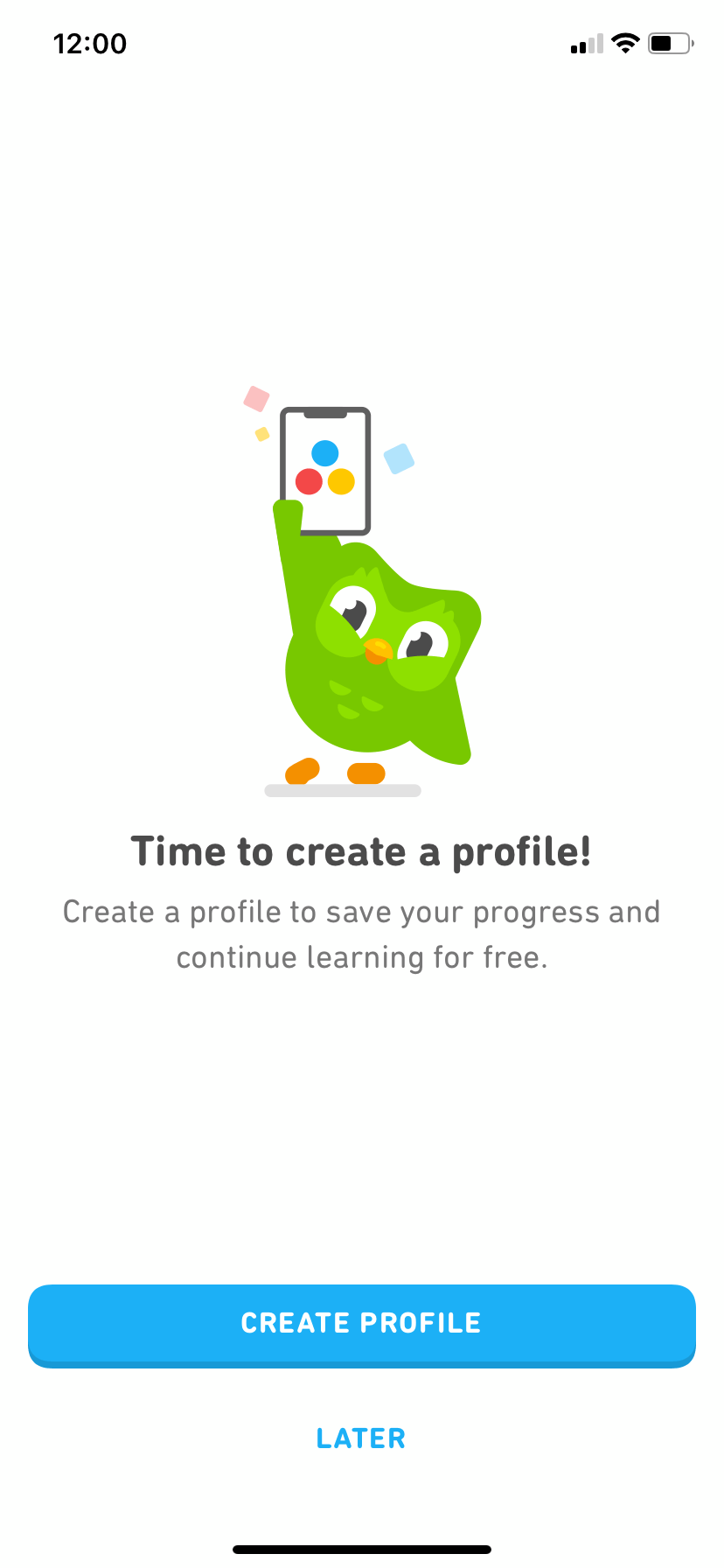 duolingo screen that says "time to create a profile" account creation prompt
