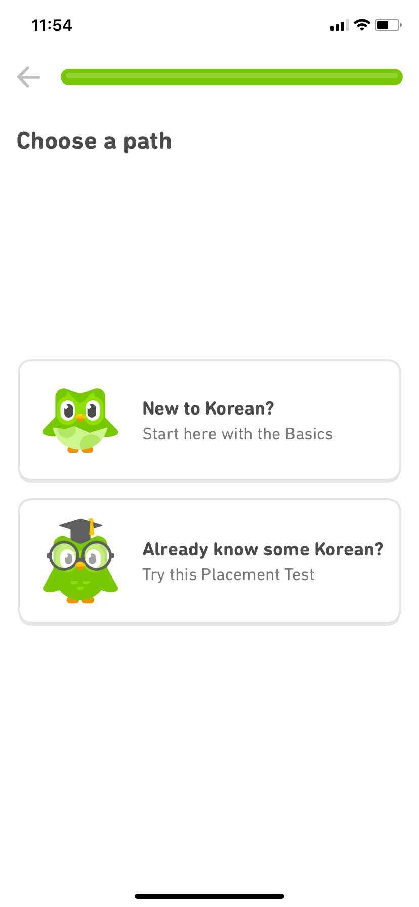 duolingo onboarding choose a path mobile screen that asks users to select their experience level
