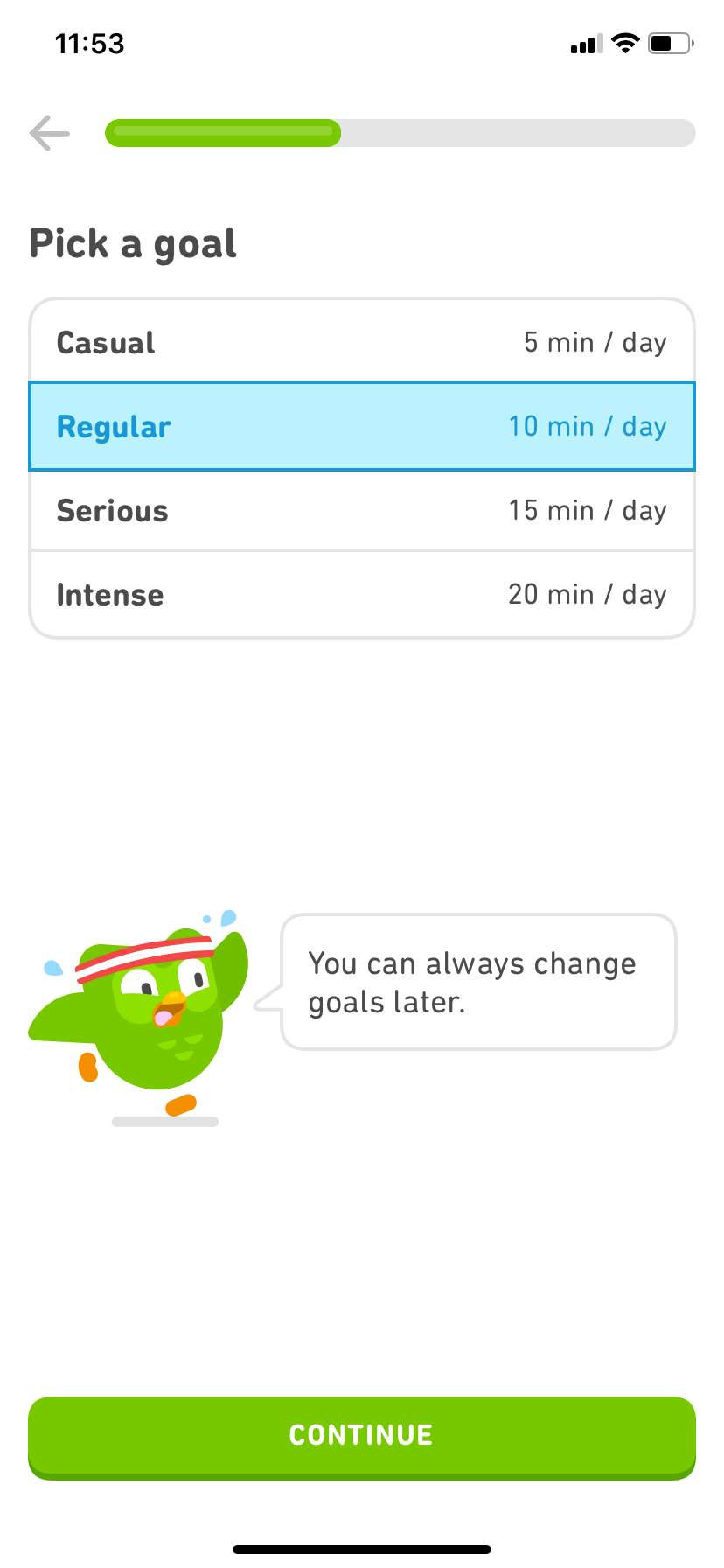 duolingo mobile app screen pick a language learning goal