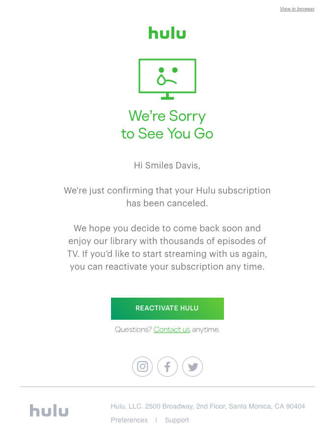 hulu account cancellation confirmation email example 