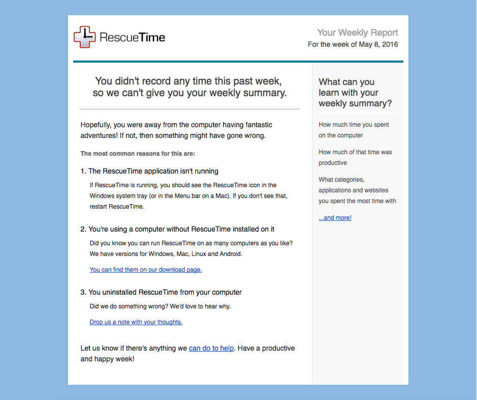 rescuetime customer support email example from a saas productivity app