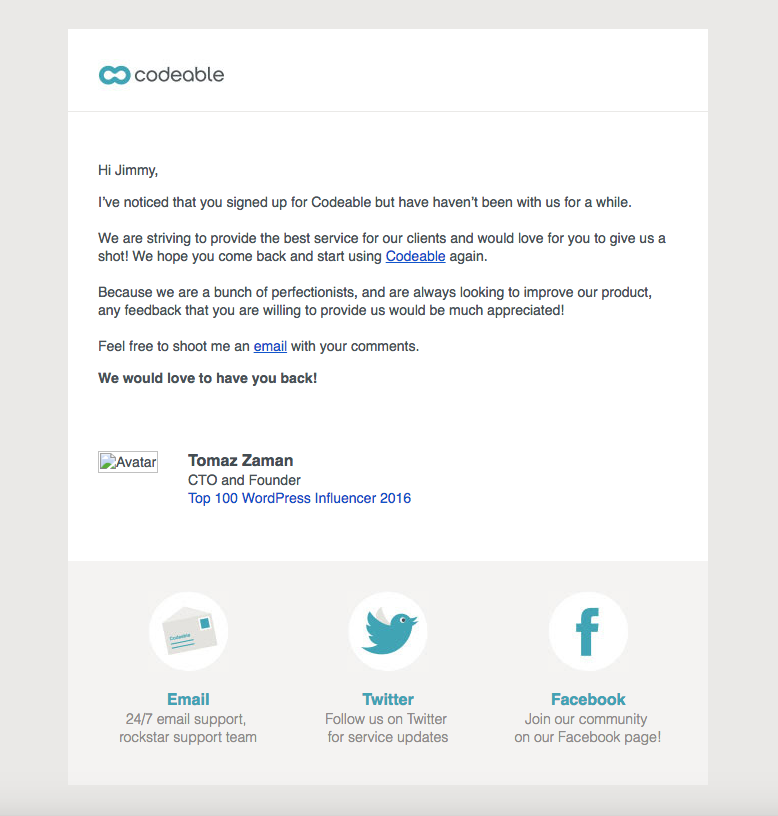 codeable saas email customer survey request example
