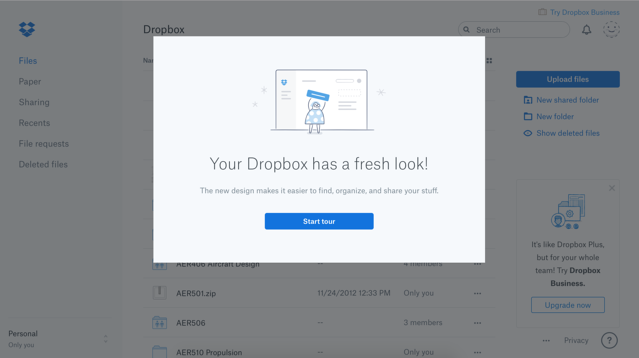 dropbox redesign modal