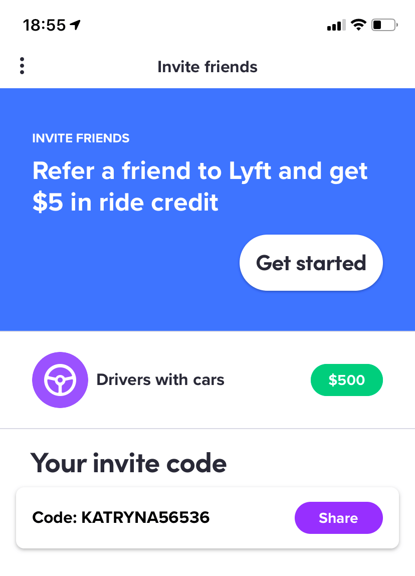 Lyft offers ride credits for inviting a friend—and up to $500 for a driver referral.