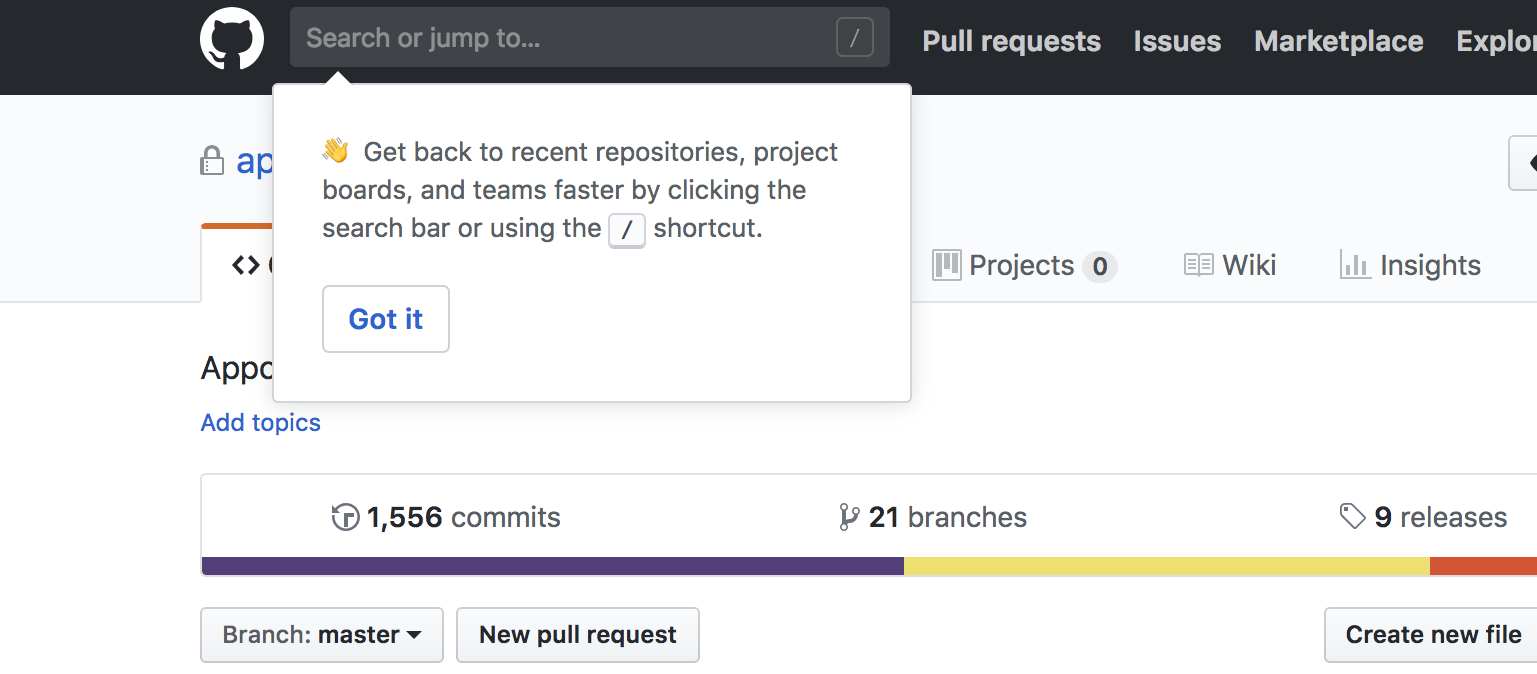 github tooltip pointing to he search bar that explains github keyboard shortcuts