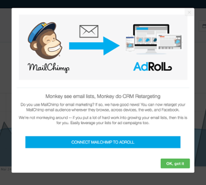 An example of modal windows used to increase feature adoption. This is an example of a micro-conversion that leads to macro conversions down the line. This is a screenshot showing Adroll's Mailchimp integration.